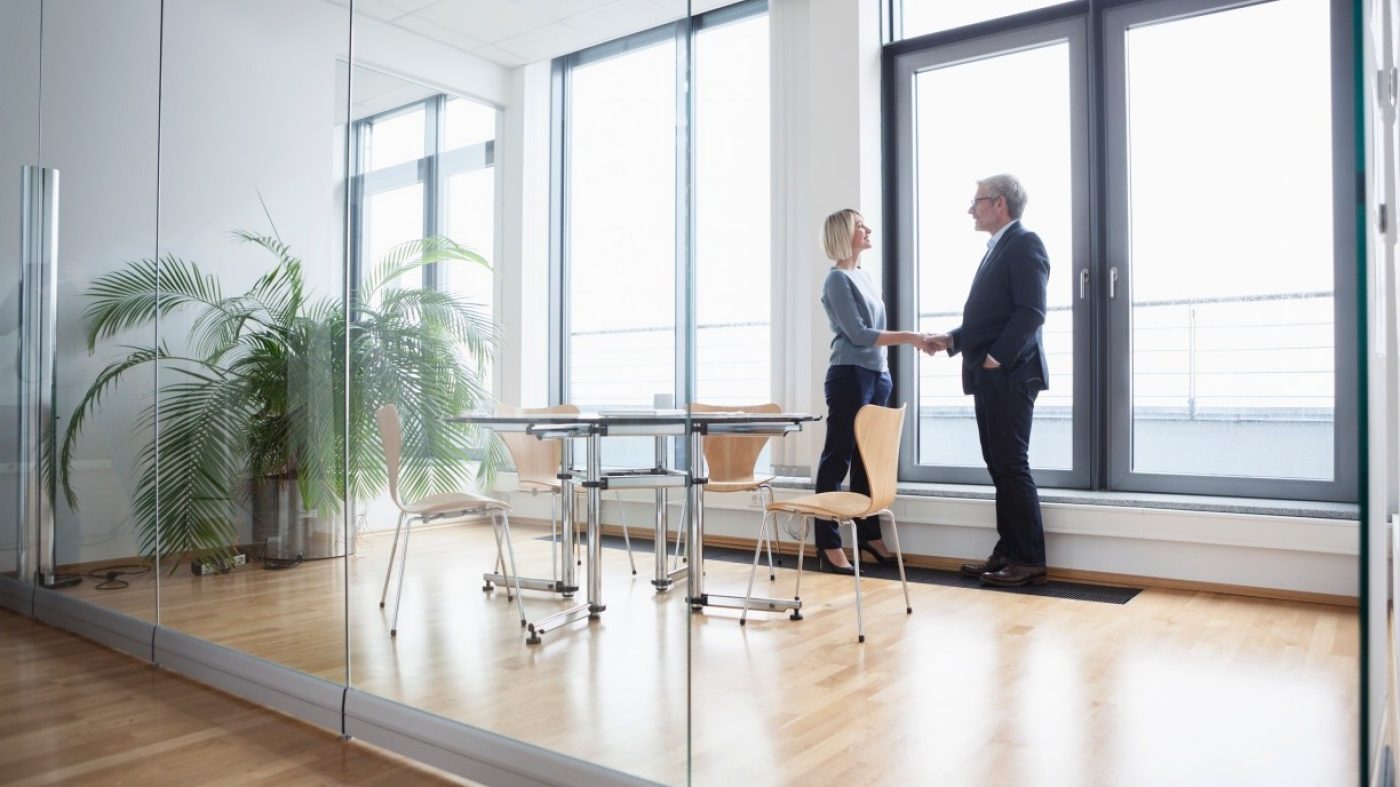 Businessman and woman in office shaking hands