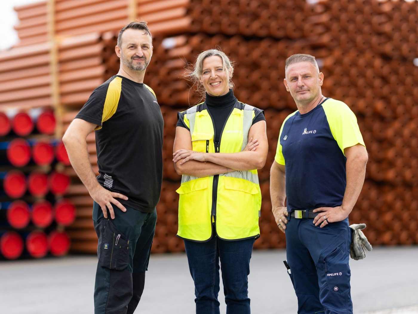 Drei Personen stehen auf einem Lagerplatz und schauen in die Kamera.