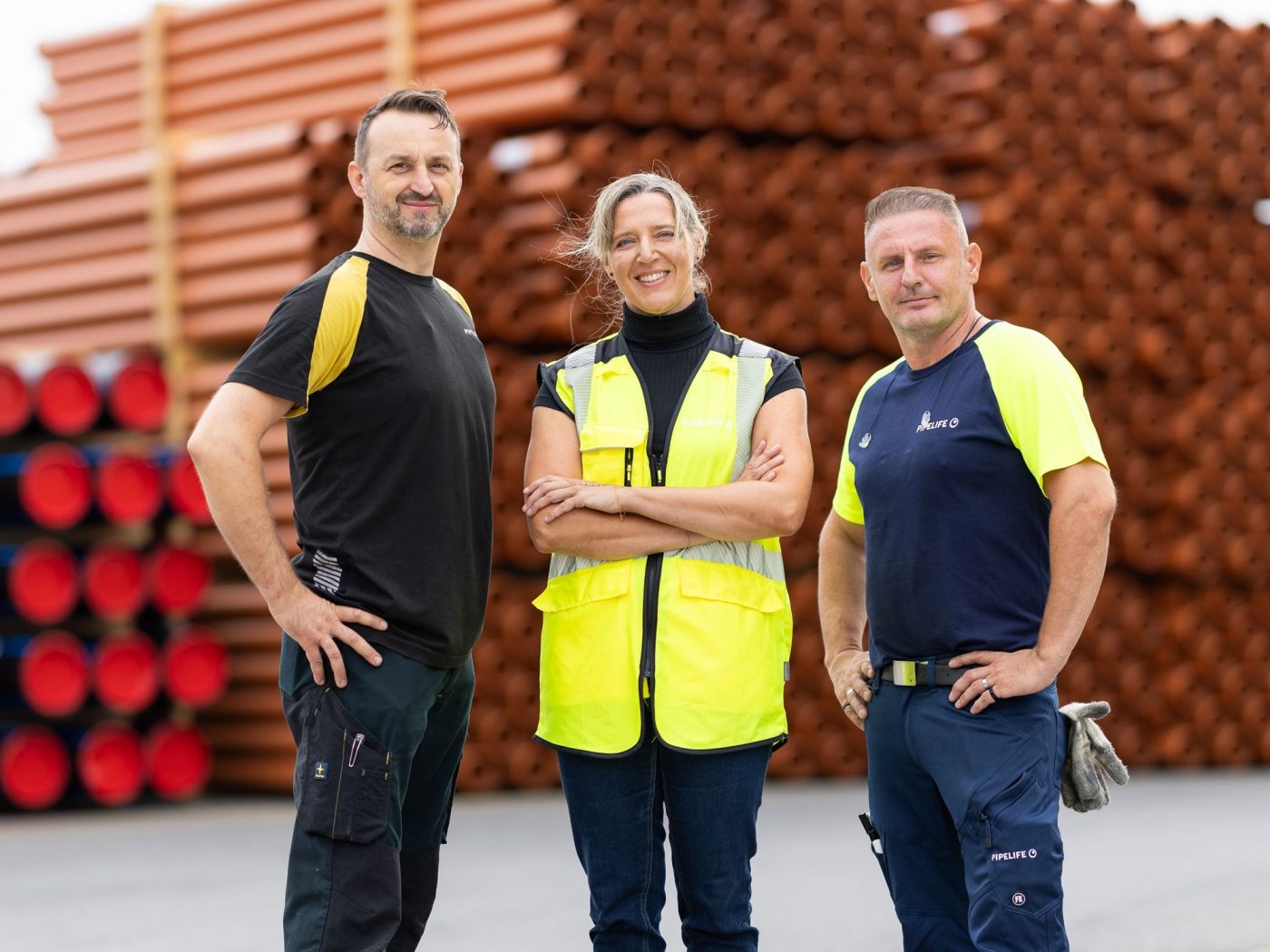 Drei Personen stehen auf einem Lagerplatz und schauen in die Kamera.