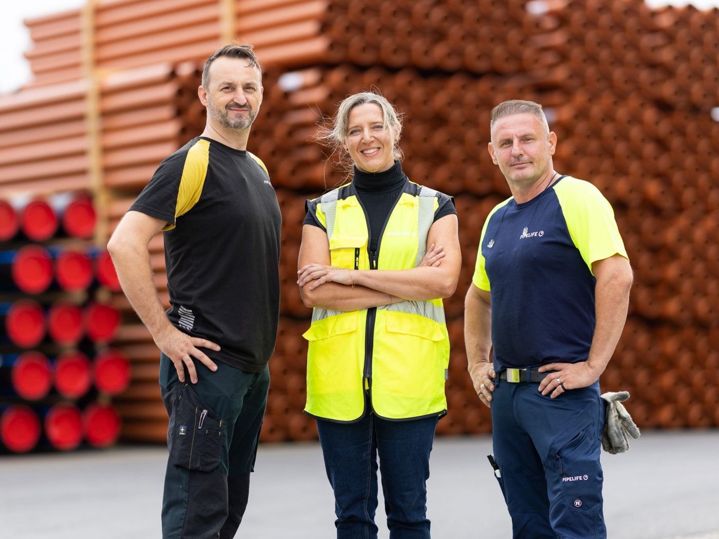 Drei Personen stehen auf einem Lagerplatz und schauen in die Kamera.