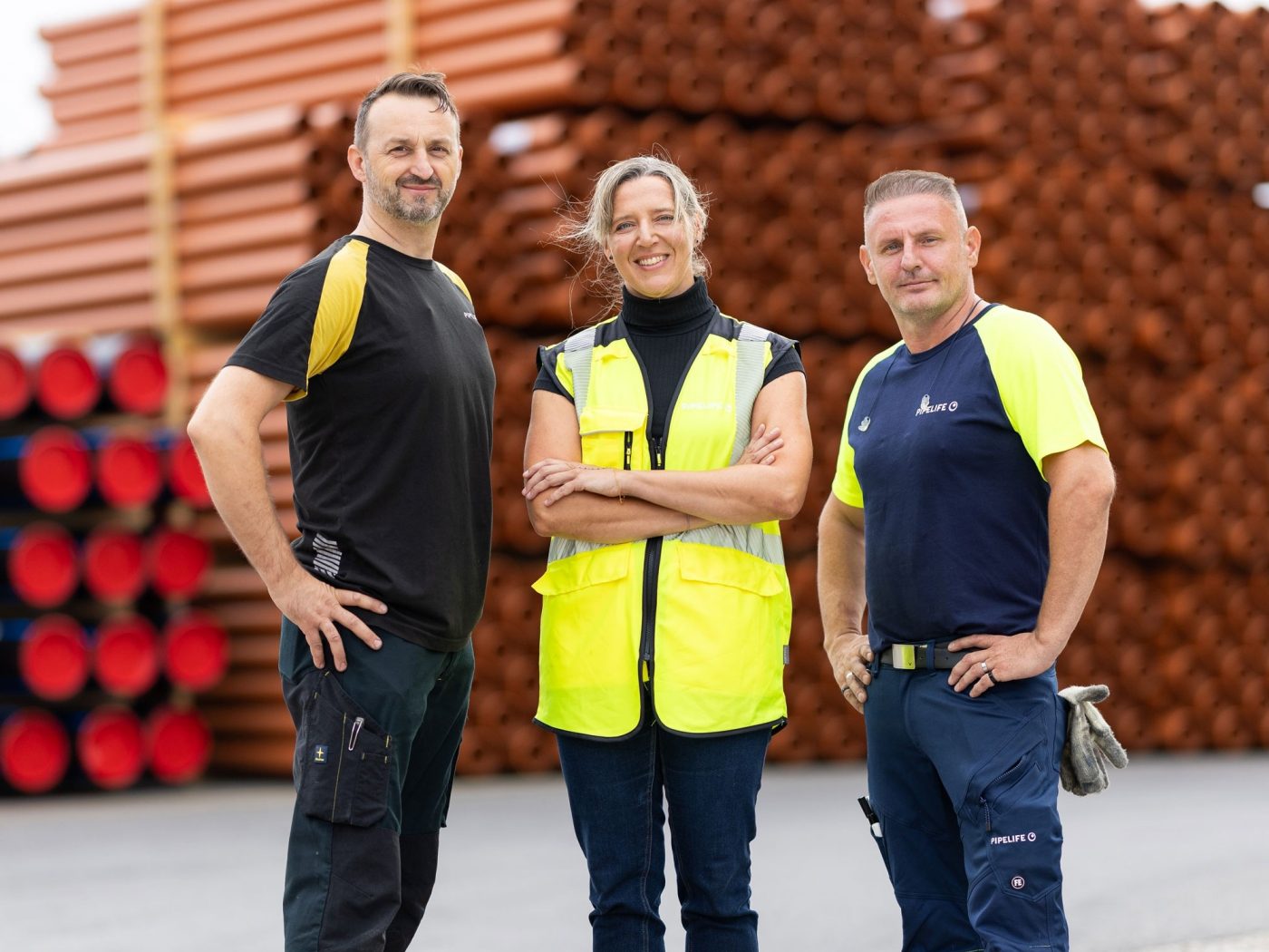 Drei Personen stehen auf einem Lagerplatz und schauen in die Kamera.