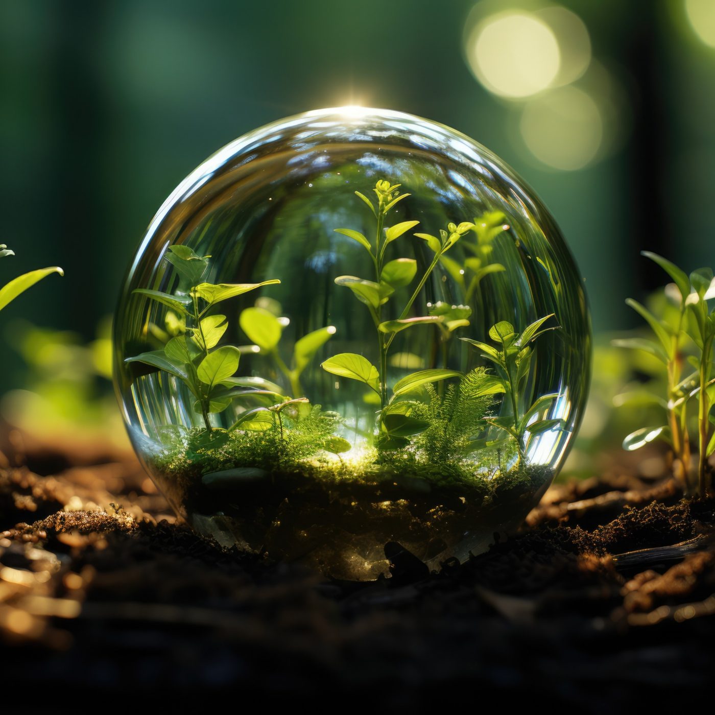 Glass globe encircled by verdant forest flora, symbolizing nature, environment, sustainability, ESG, and climate change awareness, generative ai