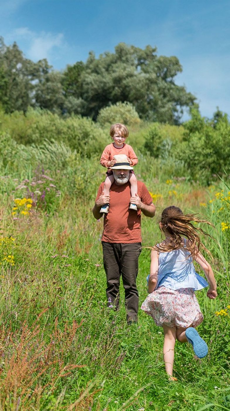 Ein Mann mit zwei Kindern auf einer grünen Wiese
