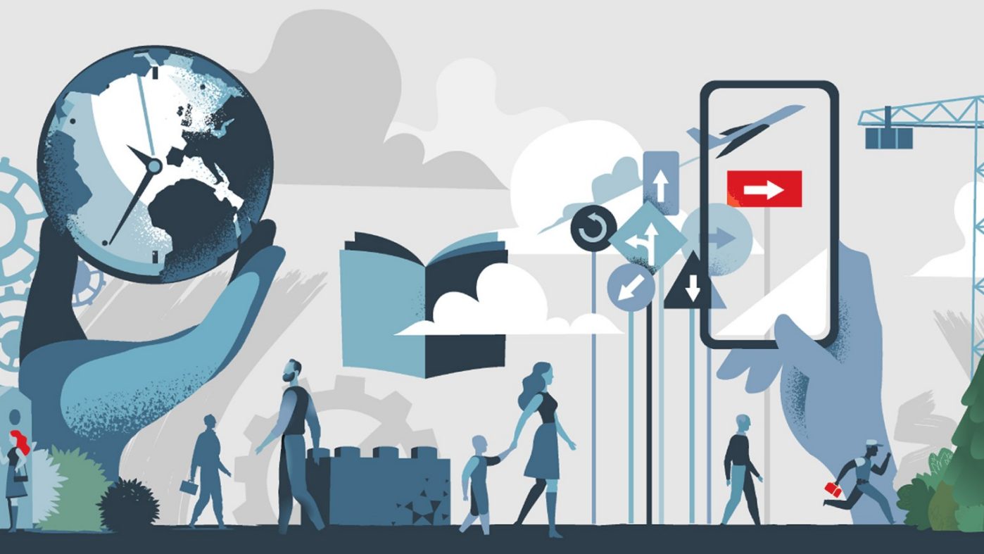 Grafik, Zahnräder, Menschen, Uhr, Schilder, Krahn, Flugzeug, Häuser