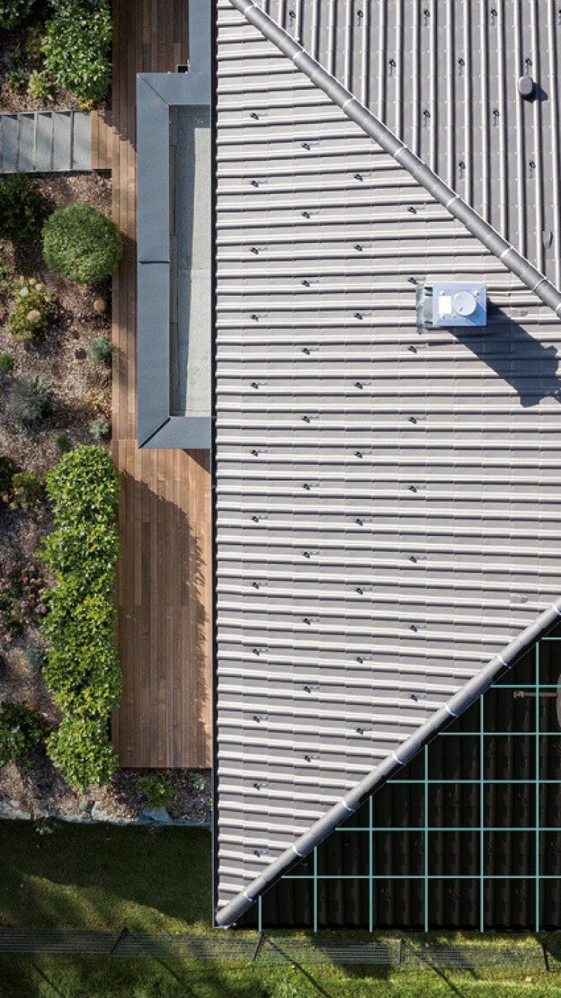 Dach, Schornstein, Garten, digitales Raster