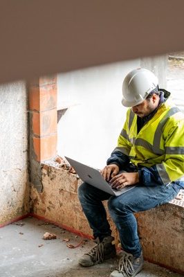 Baustelle, Mann arbeitet mit Laptop