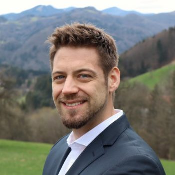 Mann grinst, Anzug, auf einer grünen Wiese, Berge im Hintergrund