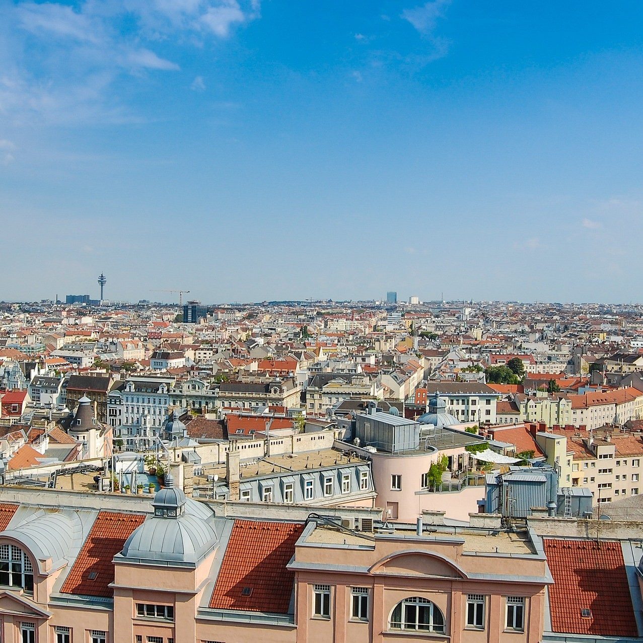 Wien im Sommer von oben - Dächer mit Panorama über Wien