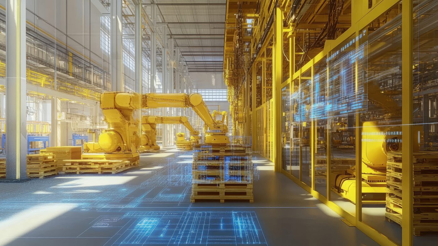 Automatisierte Fabrikhalle mit Roboterarmen, Augmented-Reality-Overlay, heller Industriehalle