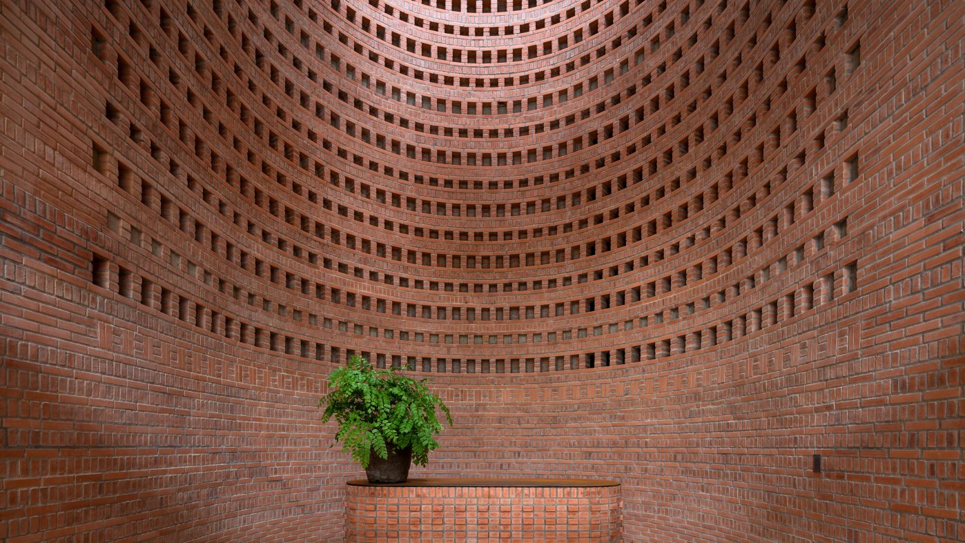 round brick tower, sunrise, trees