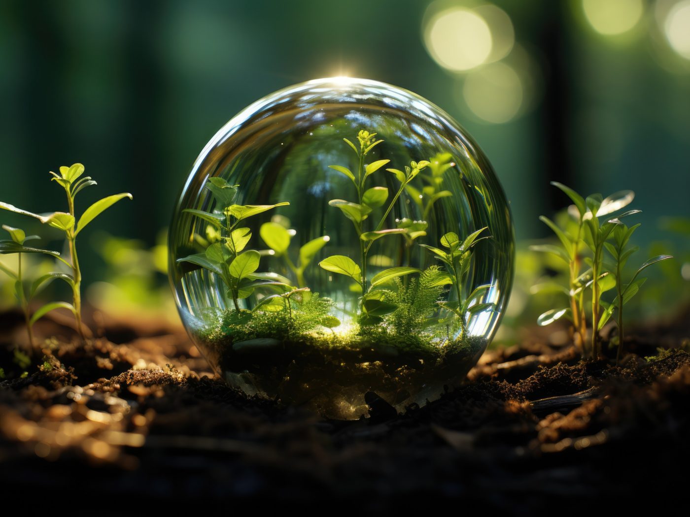 Glass globe encircled by verdant forest flora, symbolizing nature, environment, sustainability, ESG, and climate change awareness, generative ai