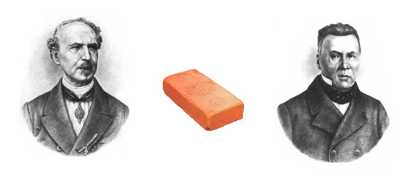 Heinrich Drasche and Alois Miesbach with a Wienerberger brick