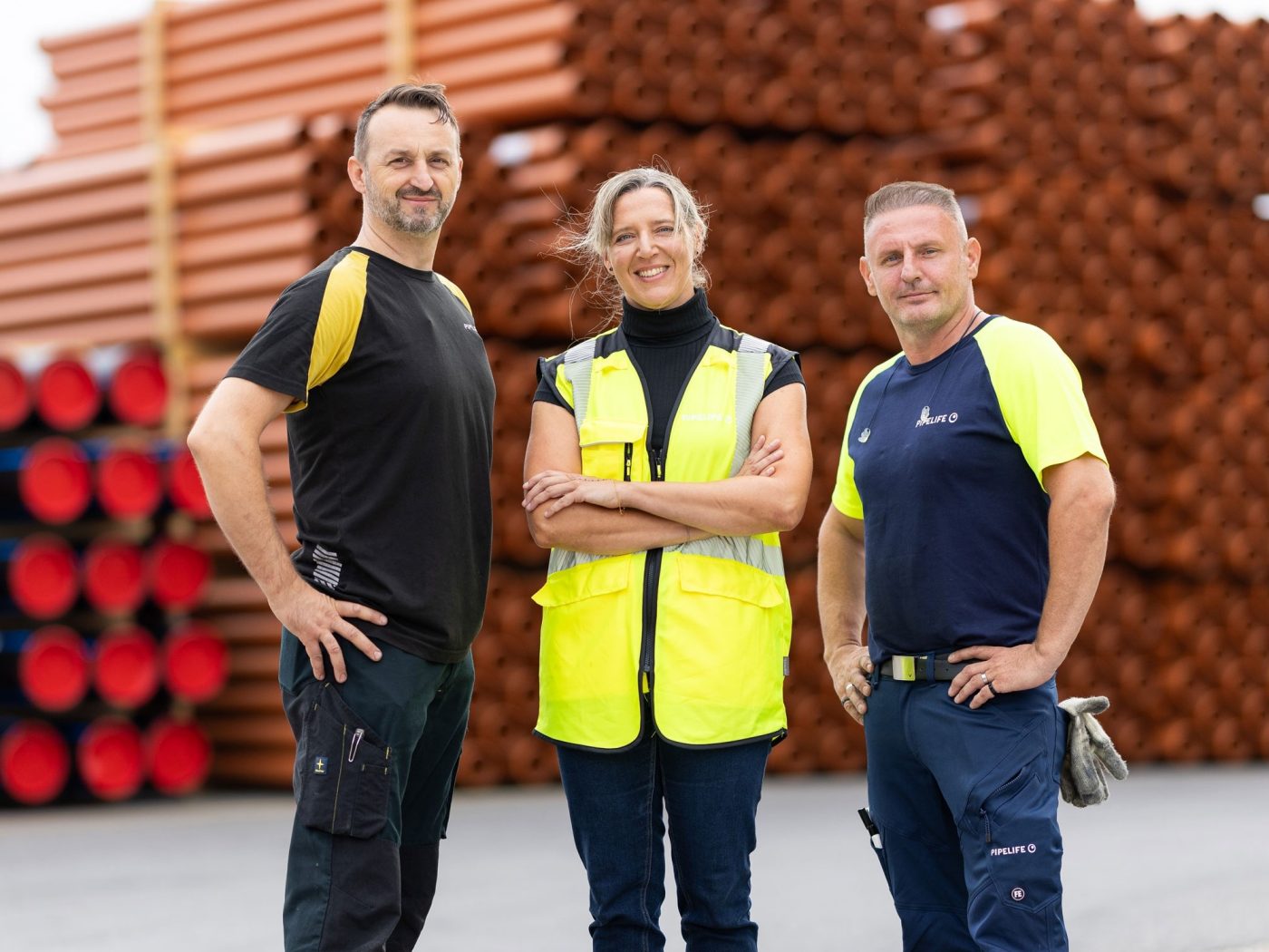 Three people are standing in a stockyard and looking at the camera.