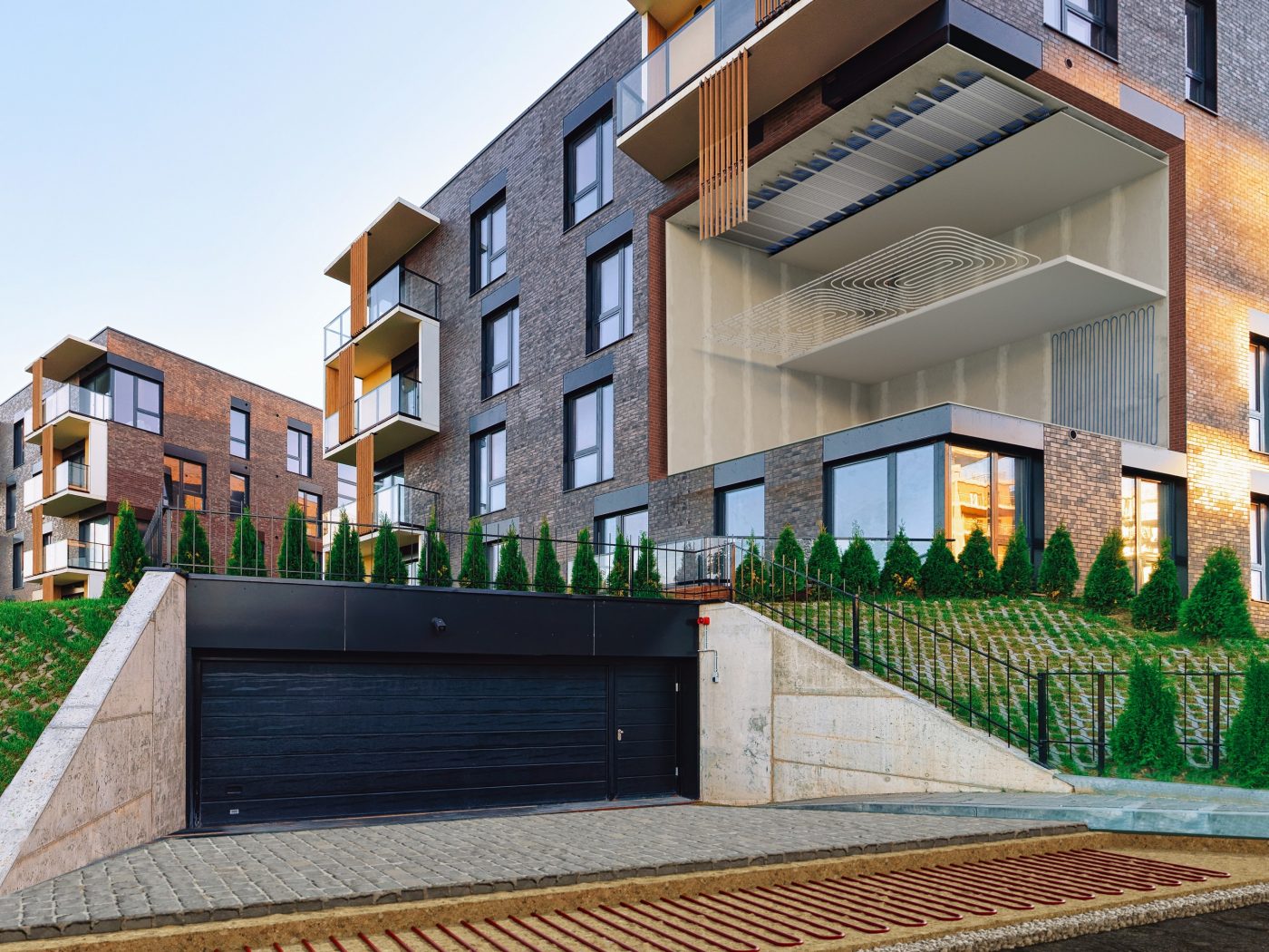 Modern residential home apartment building architecture with garage. House and parking concept.