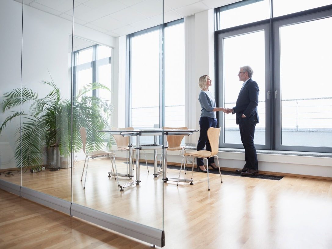 Businessman and woman in office shaking hands
