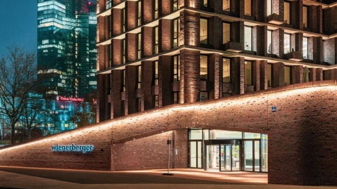 wienerberger Headquarter, Entrance; brick building, Wienerberger logo