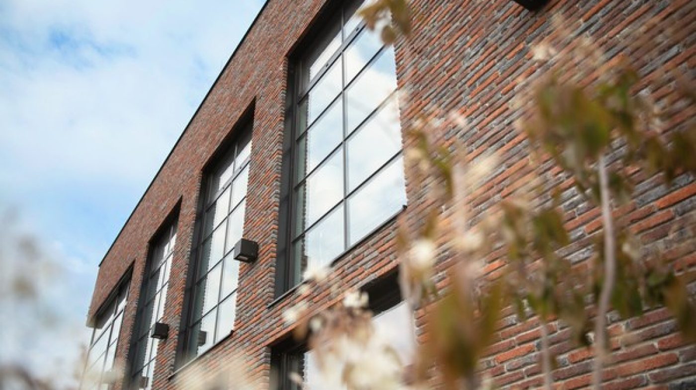 Brick facade with windows, flowers, blue sky