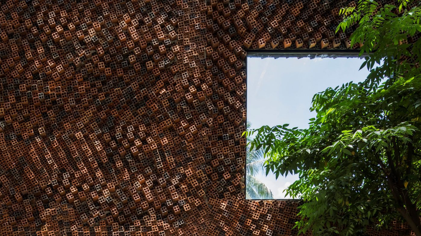 extraordinary brick facade, window, tree