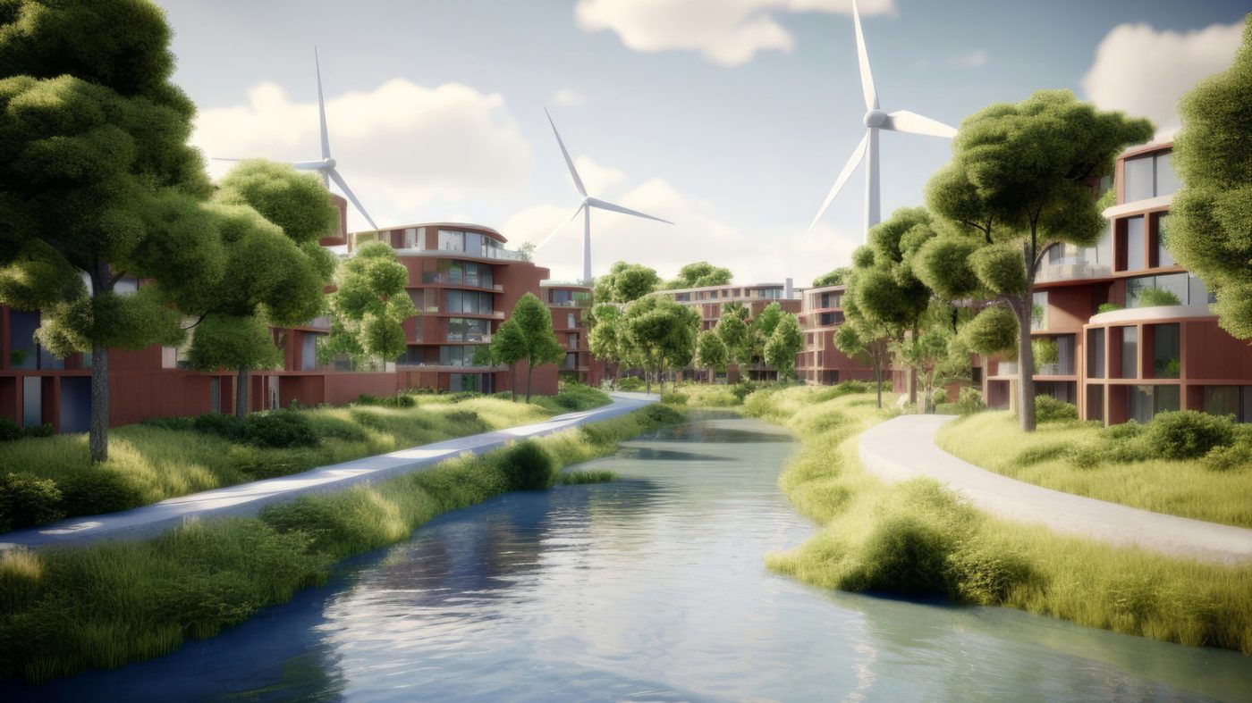 AI landscape, river, wind turbines, trees, residential homes