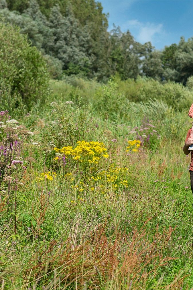 A man and two children on a green meadow