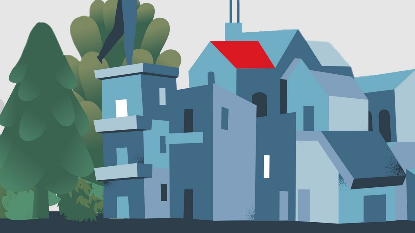 graphic, houses, trees