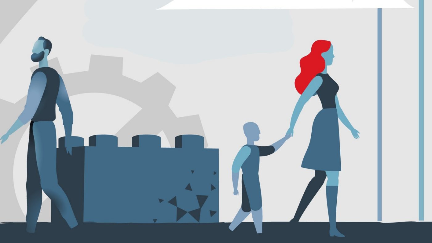 graphic, man, women with child on hand, brick, cog