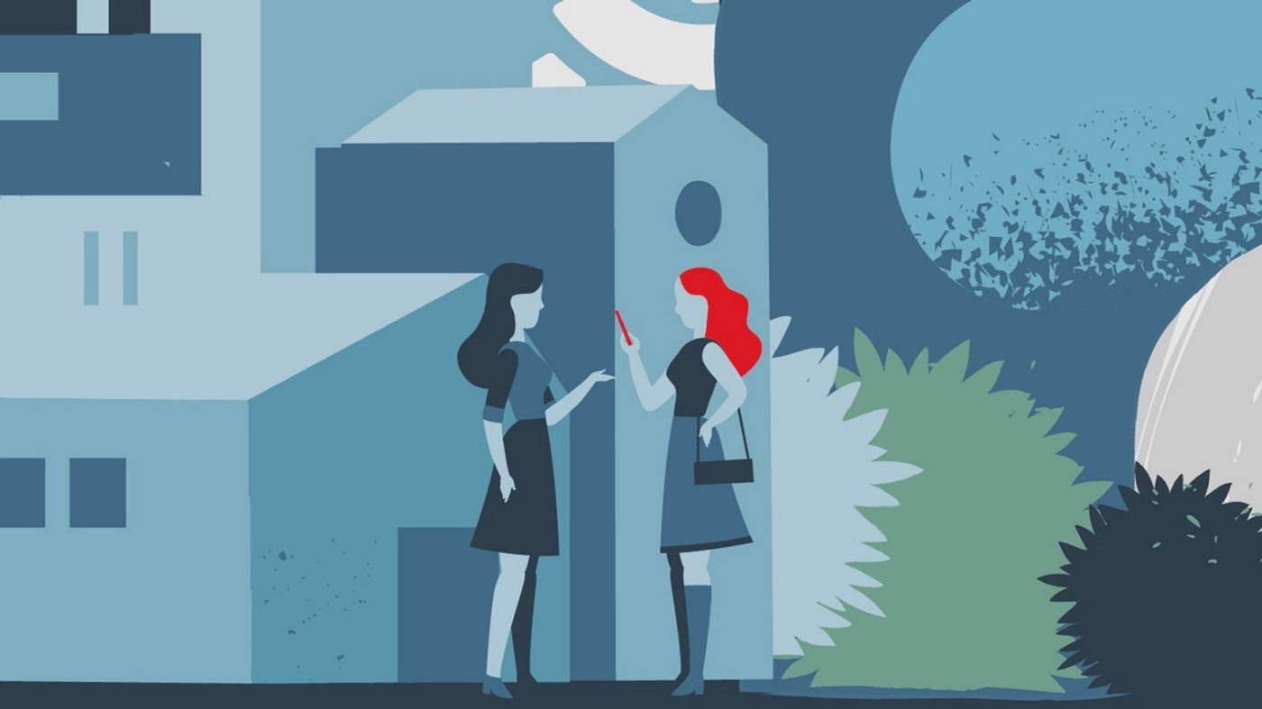 graphic, two women, smartphone, houses