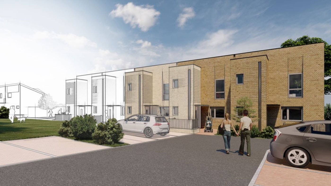 Building is half real; half illustrated; a couple walking towards it