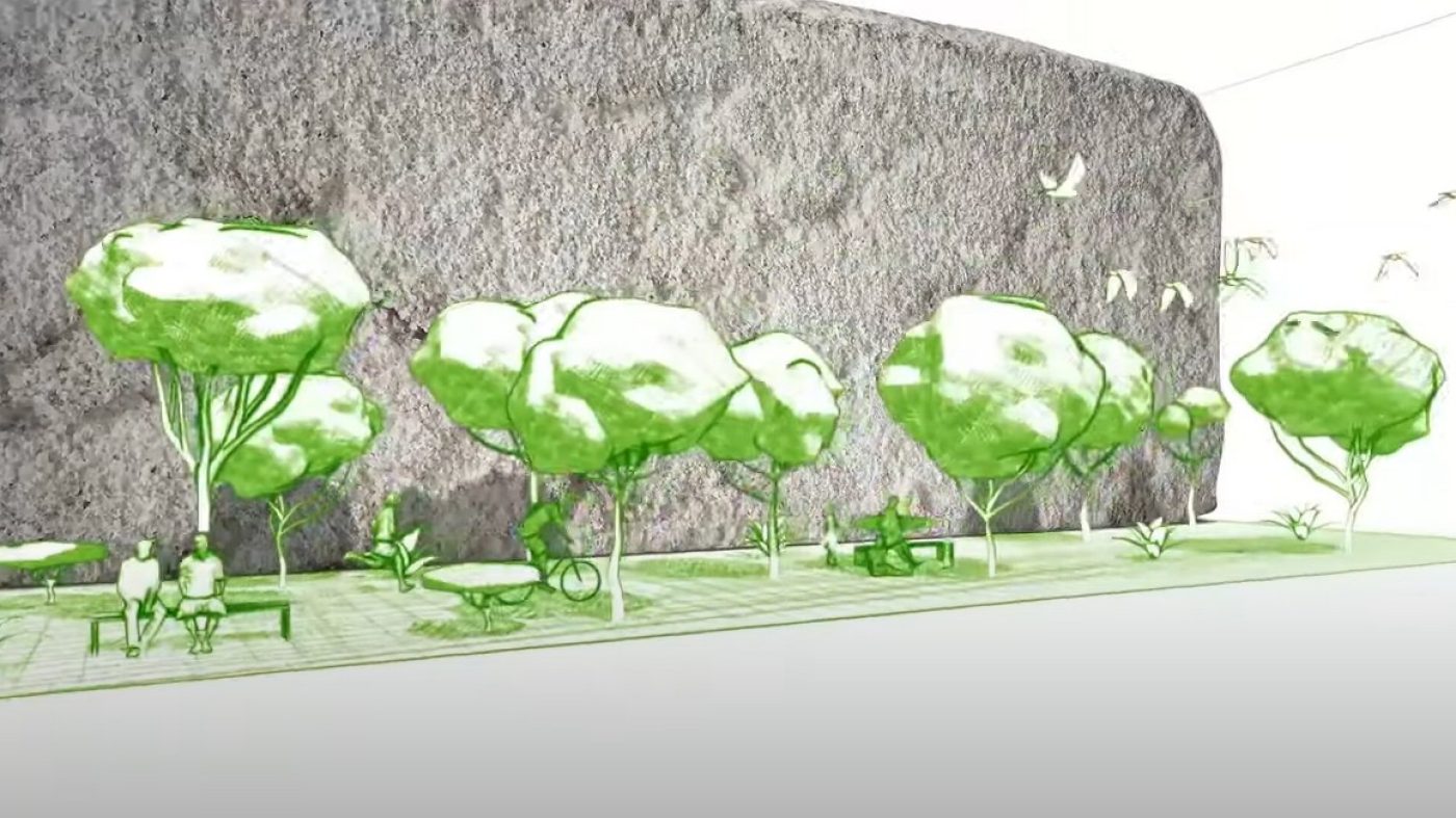 Graphic, green trees in front of a stone
