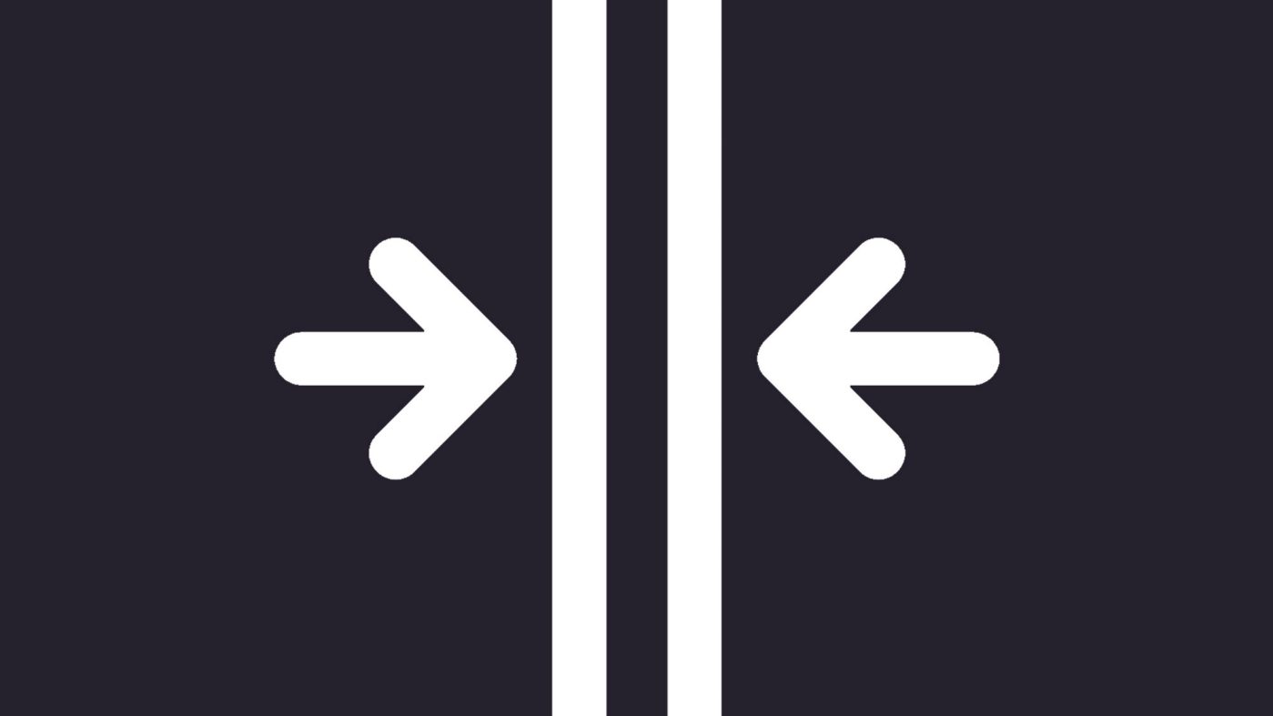 white icon on dark background, two arrows and a rectangle