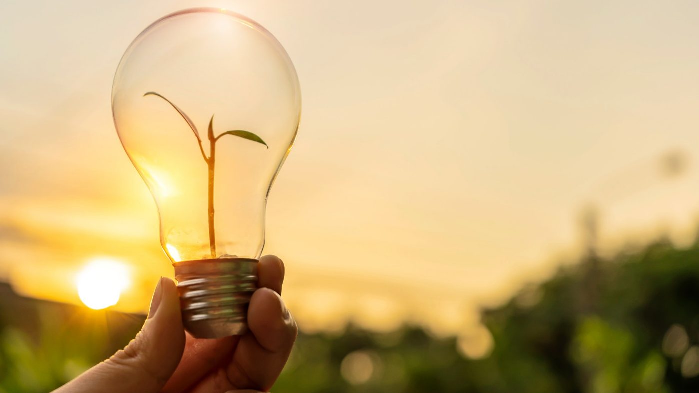 Hand hold lightbulb, sunset in the background